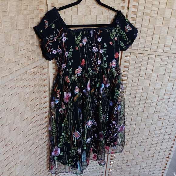 NWT Torrid Smocked Bodice Off Shoulder Skater Dress - Black Lace Embroidery - Picture 7 of 15